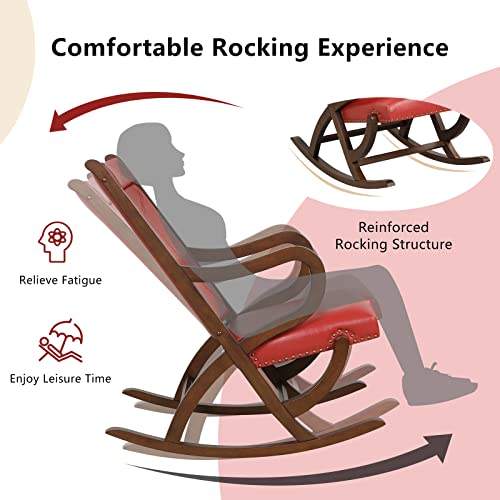 Giantex Rocking Chair with Cushion, Modern PU Leather Rocker, Rubber Wood Frame, Ergonomic Backrest Armrest, Single Rocking Chair for Nursery Living Room Bedroom Lounge Office, Red