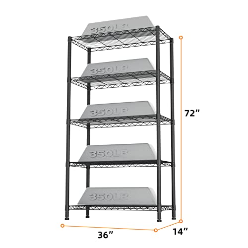 SINGAYE 5-Shelf Adjustable, Heavy Duty Storage Shelving Unit (350 lbs Loading Capacity per Shelf), Steel Organizer Wire Rack, Black (36" W x 14" D x 72" H)