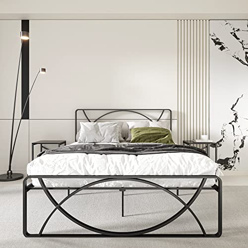 ODIKA Queen Bed Frame with Unique Semicircle Headboard - Platform Bed Frame Queen Size 12 inch Fits Under Bed Storage - Metal Bed Frame Queen No Box Spring Needed Easy Essembly