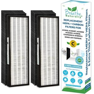 breathe naturally 2 pack flt5000 true hepa filter c replacement with 8 pack activated carbon pre-filters compatible with ac5000 ac5000e ac5250pt ac5350b ac5350bca ac5350w ac5300b series air purifiers