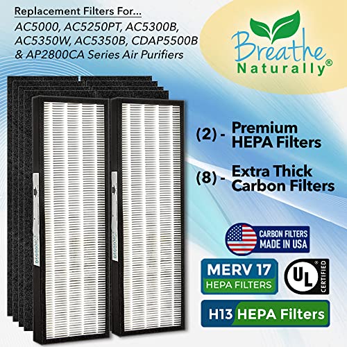 Breathe Naturally 2 Pack FLT5000 True HEPA Filter C Replacement with 8 Pack Activated Carbon Pre-Filters Compatible with AC5000 AC5000E AC5250PT AC5350B AC5350BCA AC5350W AC5300B Series Air Purifiers