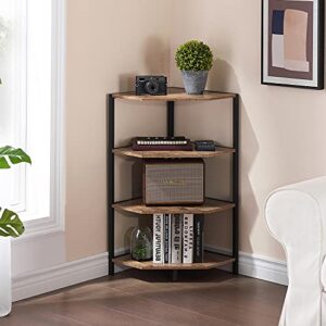 vecelo corner shelf, 4-tier display shelves, wood storage stand with metal frame, multipurpose shelving unit for small space, home office, grey