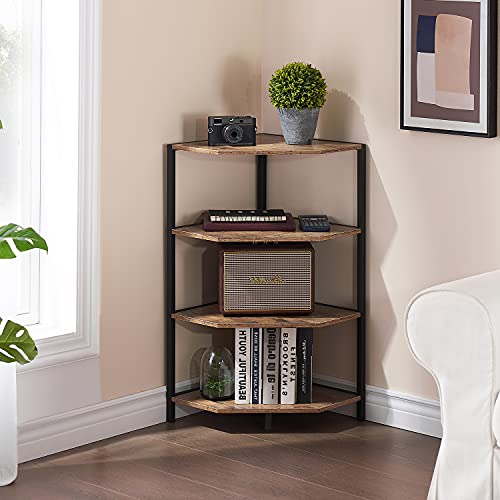 VECELO Corner Shelf, 4-Tier Display Shelves, Wood Storage Stand with Metal Frame, Multipurpose Shelving Unit for Small Space, Home Office, Grey