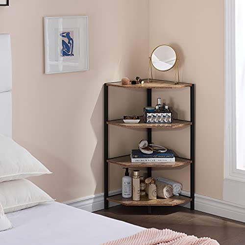 VECELO Corner Shelf, 4-Tier Display Shelves, Wood Storage Stand with Metal Frame, Multipurpose Shelving Unit for Small Space, Home Office, Grey