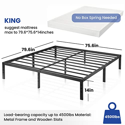 HiBed King Bed Frame, 14” Height Noise Free Metal Platform, Lightweight Heavy Duty Steel Support Up to 4500 lbs, Box Spring Free Design, Steel Slat Supports, Easy Assembly Tool-Free,Black