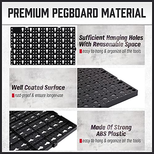 Premium Pegboard Panel Kit with 8 Panels 81 Hangers - Wall Mounted Black Peg Board Tool Storage System, Workshop Black Pegboard Tool Holder, Pegboard Hooks Wall Organizer, Utility Rack Tool Organizer