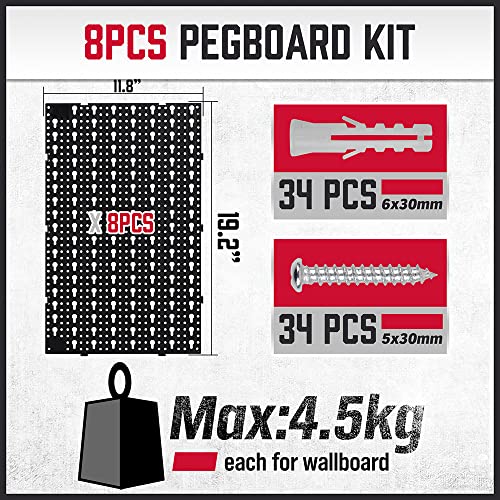 Premium Pegboard Panel Kit with 8 Panels 81 Hangers - Wall Mounted Black Peg Board Tool Storage System, Workshop Black Pegboard Tool Holder, Pegboard Hooks Wall Organizer, Utility Rack Tool Organizer