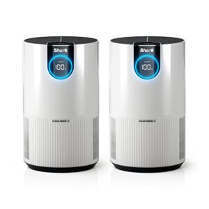 shark hp102pk2 clean sense air purifier for home, allergies, 2 pack, hepa filter, 500 sq ft small room, bedroom, office, captures 99.98% of particles, dust, smoke, allergens, portable, desktop, white
