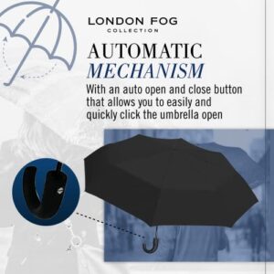 London Fog Rain Umbrella, Automatic Folding Umbrella, Windproof, Lightweight and Packable for Travel, Full 42 Inch Arc, Black