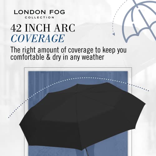 London Fog Rain Umbrella, Automatic Folding Umbrella, Windproof, Lightweight and Packable for Travel, Full 42 Inch Arc, Black