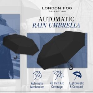 London Fog Rain Umbrella, Automatic Folding Umbrella, Windproof, Lightweight and Packable for Travel, Full 42 Inch Arc, Black