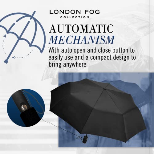 London Fog Mini Rain Umbrella, Automatic Folding Umbrella, Windproof, Lightweight and Packable for Travel, Full 42 Inch Arc, Black