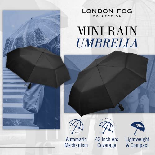 London Fog Mini Rain Umbrella, Automatic Folding Umbrella, Windproof, Lightweight and Packable for Travel, Full 42 Inch Arc, Black