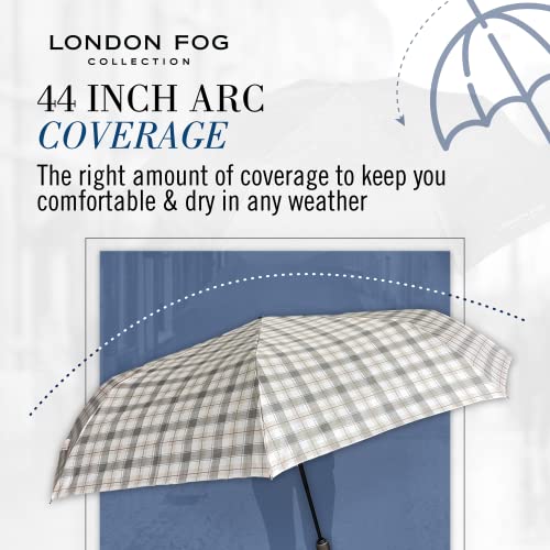 London Fog Rain Umbrella, Automatic Folding Umbrella, Windproof, Lightweight and Packable for Travel, Full 44 Inch Arc, Khaki Plaid