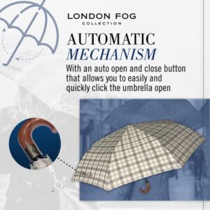 London Fog Rain Umbrella, Automatic Folding Umbrella, Windproof, Lightweight and Packable for Travel, Full 44 Inch Arc, Khaki Plaid
