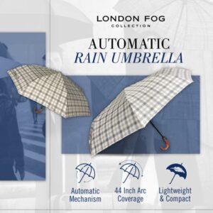 London Fog Rain Umbrella, Automatic Folding Umbrella, Windproof, Lightweight and Packable for Travel, Full 44 Inch Arc, Khaki Plaid