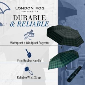 London Fog Mini Rain Umbrella, Manual Folding Umbrella, Windproof, Lightweight and Packable for Travel, Full 42 Inch Arc, Navy Tartan