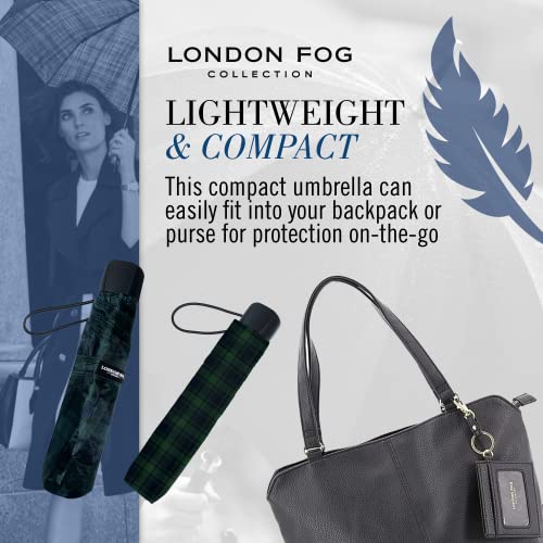 London Fog Mini Rain Umbrella, Manual Folding Umbrella, Windproof, Lightweight and Packable for Travel, Full 42 Inch Arc, Navy Tartan