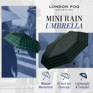 London Fog Mini Rain Umbrella, Manual Folding Umbrella, Windproof, Lightweight and Packable for Travel, Full 42 Inch Arc, Navy Tartan