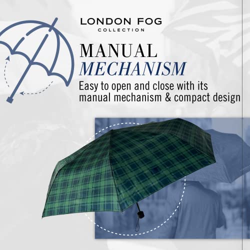 London Fog Mini Rain Umbrella, Manual Folding Umbrella, Windproof, Lightweight and Packable for Travel, Full 42 Inch Arc, Navy Tartan