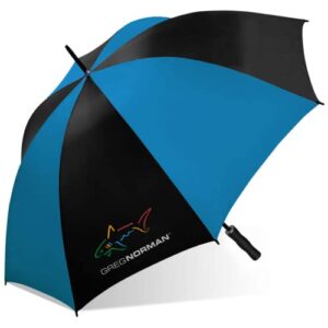 greg norman 60 inch golf umbrella, manual compact, fiberglass, lightweight, and wind resistant folding umbrella for travel and rain, black/blue (ms30-gn-blk/blu)