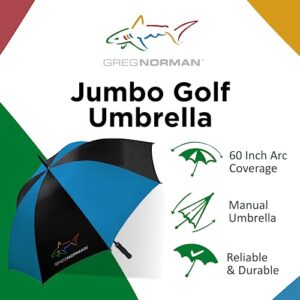 GREG NORMAN 60 Inch Golf Umbrella, Manual Compact, Fiberglass, Lightweight, and Wind Resistant Folding Umbrella for Travel and Rain, Black/Blue (MS30-GN-BLK/BLU)