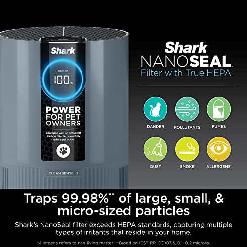 Shark HP102PETBL Clean Sense Air Purifier for Home, Allergies, Pet Hair, HEPA Filter, 500 Sq Ft Small Room, Bedroom, Captures 99.98% of Particles, Pet Dander, Fur, Allergens & Odor, Portable, Midnight