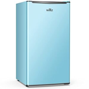 willz wlr33mbed02 compact refrigerator with chiller compartment adjustable thermostat, removable shelf, energy efficient, front leveling legs, 3.3 cu ft, blue