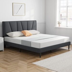 Molblly Queen Bed Frame Upholstered Platform with Headboard and Strong Wooden Slats, Strong Weight Capacity, Non-Slip and Noise-Free,No Box Spring Needed, Easy Assembly,Dark Grey Queen Bed