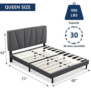 Molblly Queen Bed Frame Upholstered Platform with Headboard and Strong Wooden Slats, Strong Weight Capacity, Non-Slip and Noise-Free,No Box Spring Needed, Easy Assembly,Dark Grey Queen Bed