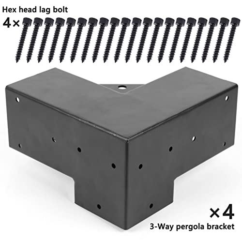 Pergola Brackets 4x4 Pergola Kit – Stainless Steel 3-Way Pergola Bracket DIY Kit Corner Bracket Kit for 4x4 Wooden Beams for Gazebos, Patio Pergolas, Sheds, Black Finish (4 Pack)