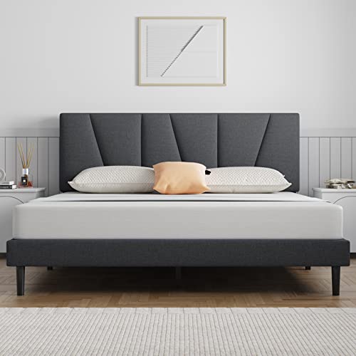 Molblly Twin Bed Frame Upholstered Platform with Headboard and Strong Wooden Slats, Strong Weight Capacity, Non-Slip and Noise-Free,No Box Spring Needed, Easy Assembly,Dark Grey Twin Bed