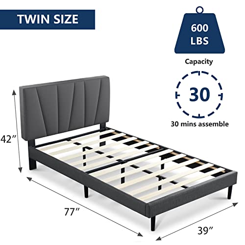 Molblly Twin Bed Frame Upholstered Platform with Headboard and Strong Wooden Slats, Strong Weight Capacity, Non-Slip and Noise-Free,No Box Spring Needed, Easy Assembly,Dark Grey Twin Bed