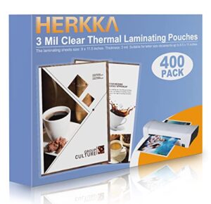 herkka 400 pack laminating sheets, holds 8.5 x 11 inch sheets, 3 mil clear thermal laminating pouches 9 x 11.5 inch lamination sheet paper for laminator, round corner letter size