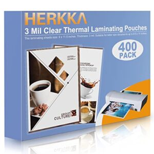 HERKKA 400 Pack Laminating Sheets, Holds 8.5 x 11 Inch Sheets, 3 Mil Clear Thermal Laminating Pouches 9 x 11.5 Inch Lamination Sheet Paper for Laminator, Round Corner Letter Size