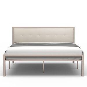 nazhura queen size bed frame steady steel platform with fabric headboard/footboard (champagne color frame)