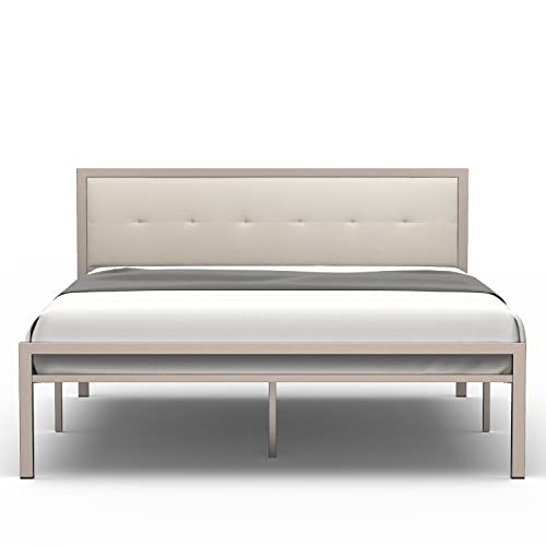 Nazhura Queen Size Bed Frame Steady Steel Platform with Fabric Headboard/Footboard (Champagne Color Frame)