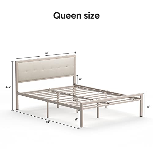 Nazhura Queen Size Bed Frame Steady Steel Platform with Fabric Headboard/Footboard (Champagne Color Frame)