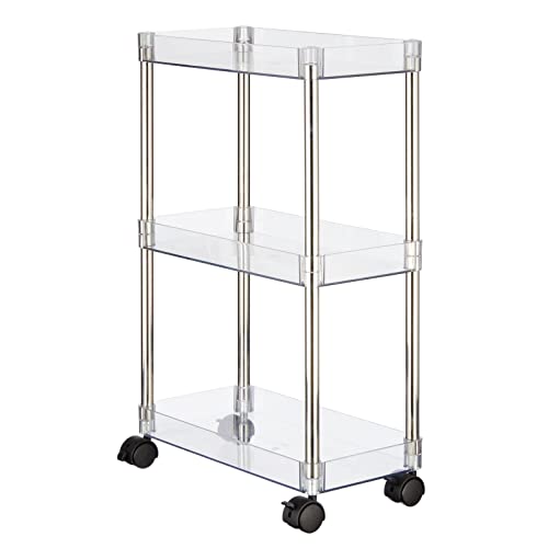 mDesign Slim Portable 3-Tier Household Rolling Storage Cart for Bathroom, Kitchen, Craft Room, Laundry Room, Office, and Kid's Playroom - 4 Rotating Wheels - Clear/Chrome