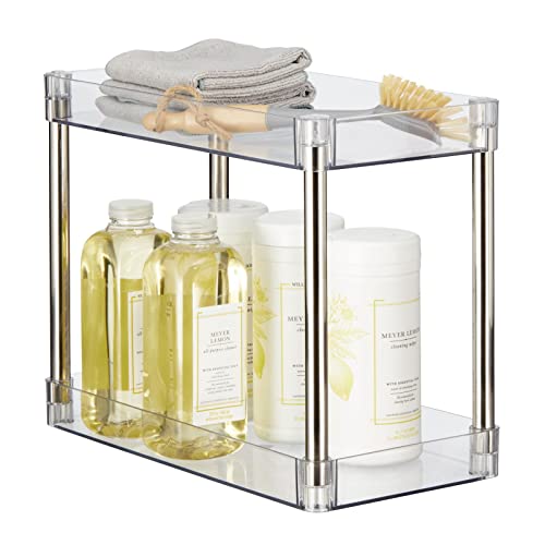 mDesign Slim 2-Tier Household Stackable Storage Shelf Organizer Tray for Cabinet or Counter in Bathroom, Kitchen, Craft Room, Laundry Room, Office, and Kid's Playroom - Clear/Chrome