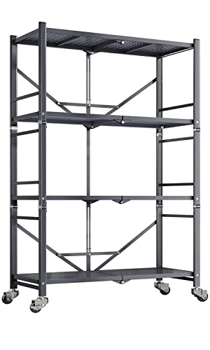 SAYZH 4-Tier Shelves, Foldable Metal Storage Shelves for Garage Plant Shoe Pantry Kitchen Microwave, Grey