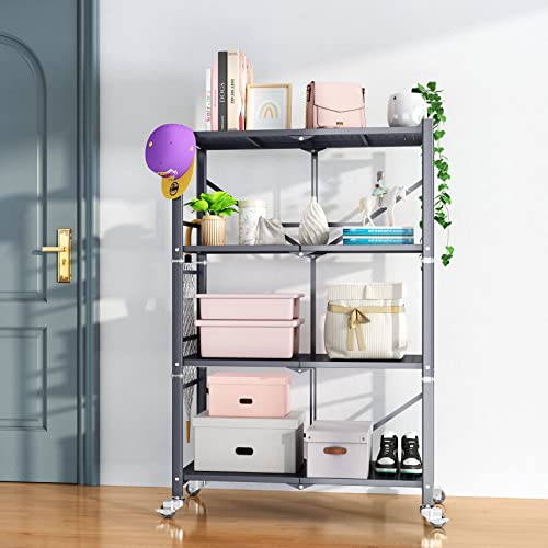 SAYZH 4-Tier Shelves, Foldable Metal Storage Shelves for Garage Plant Shoe Pantry Kitchen Microwave, Grey