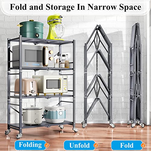 SAYZH 4-Tier Shelves, Foldable Metal Storage Shelves for Garage Plant Shoe Pantry Kitchen Microwave, Grey