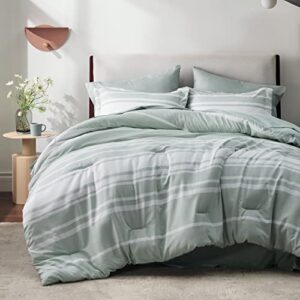 bedsure bed in a bag queen size 7 pieces, sage green white striped bedding comforter sets all season bed set, 2 pillow shams, flat sheet, fitted sheet and 2 pillowcases