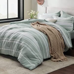 Bedsure Bed in a Bag Queen Size 7 Pieces, Sage Green White Striped Bedding Comforter Sets All Season Bed Set, 2 Pillow Shams, Flat Sheet, Fitted Sheet and 2 Pillowcases