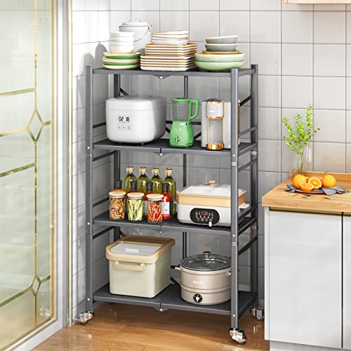 4-tier Storage Shelves for Storage,foldable Collapsible Metal Shelving with Rotational Wheels, Standing Storage Unit Utility Shelf Racks Rolling Cart for Laundry Bathroom Kitchen Pantry Closet, Grey