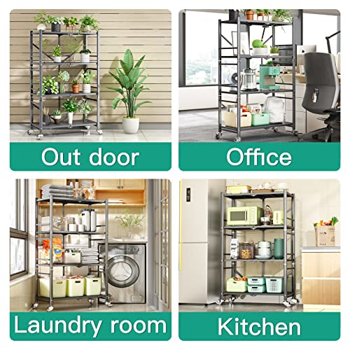 4-tier Storage Shelves for Storage,foldable Collapsible Metal Shelving with Rotational Wheels, Standing Storage Unit Utility Shelf Racks Rolling Cart for Laundry Bathroom Kitchen Pantry Closet, Grey