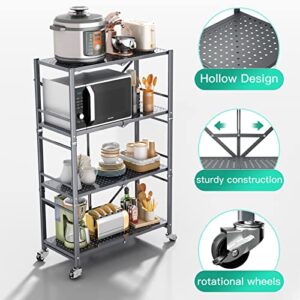 4-tier Storage Shelves for Storage,foldable Collapsible Metal Shelving with Rotational Wheels, Standing Storage Unit Utility Shelf Racks Rolling Cart for Laundry Bathroom Kitchen Pantry Closet, Grey