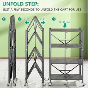 4-tier Storage Shelves for Storage,foldable Collapsible Metal Shelving with Rotational Wheels, Standing Storage Unit Utility Shelf Racks Rolling Cart for Laundry Bathroom Kitchen Pantry Closet, Grey