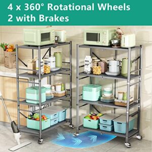 4-tier Storage Shelves for Storage,foldable Collapsible Metal Shelving with Rotational Wheels, Standing Storage Unit Utility Shelf Racks Rolling Cart for Laundry Bathroom Kitchen Pantry Closet, Grey